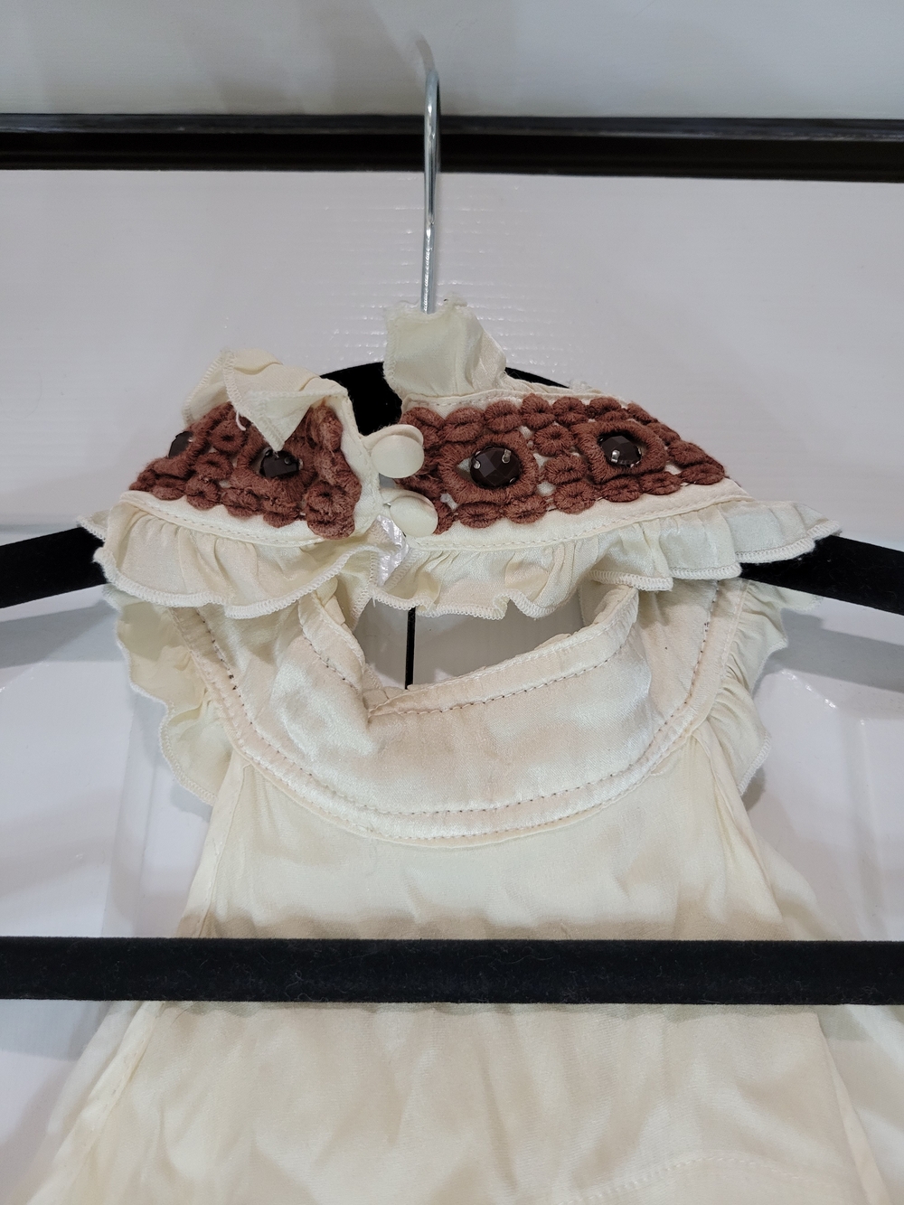 bebe Cream Low Back Ruffled Halter Tank Top with Embroidered Neck - Picture 4 of 10